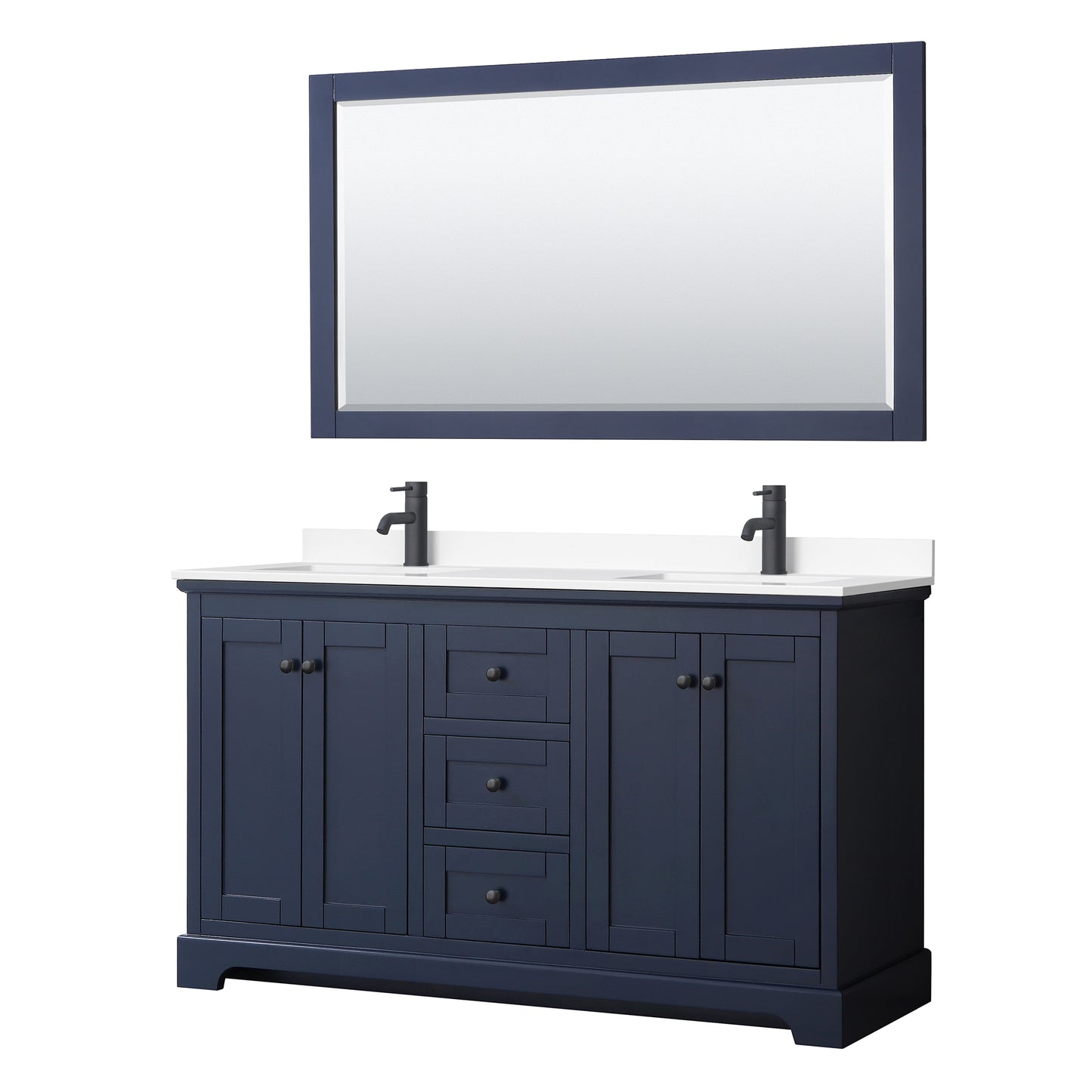 Avery 60 Inch Double Bathroom Vanity in Dark Blue, White Cultured Marble Countertop, Undermount Square Sinks, Matte Black Trim, 58 Inch Mirror