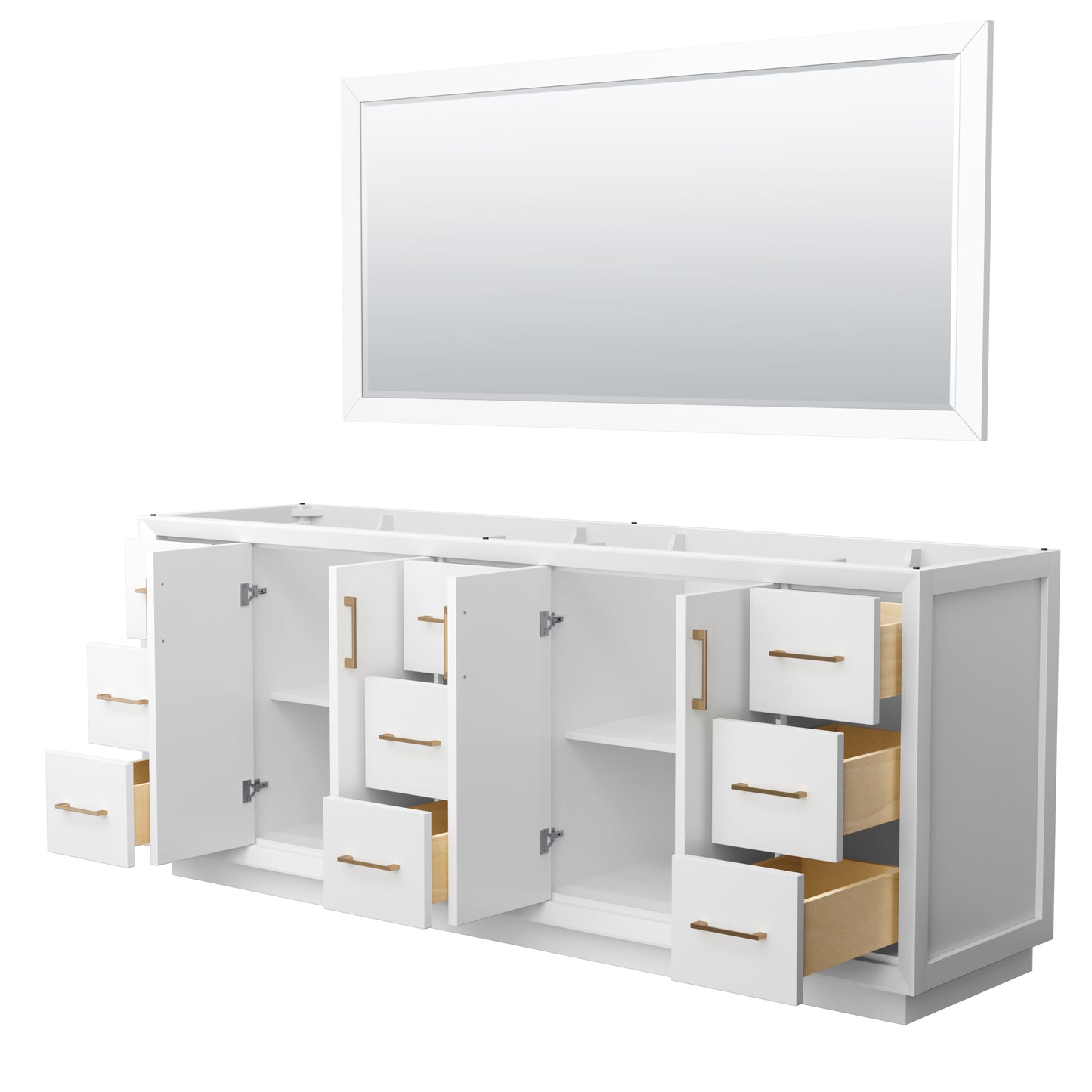 Strada 84 Inch Double Bathroom Vanity in White, No Countertop, No Sink, Satin Bronze Trim, 70 Inch Mirror