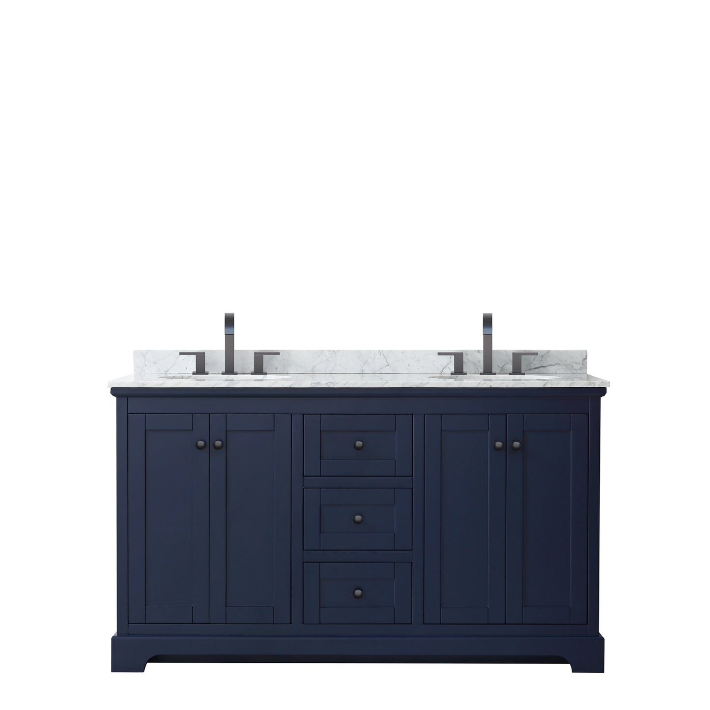 Avery 60 Inch Double Bathroom Vanity in Dark Blue, White Carrara Marble Countertop, Undermount Oval Sinks, Matte Black Trim
