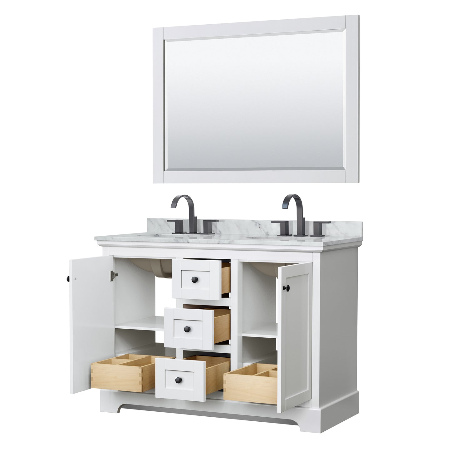 Avery 48 Inch Double Bathroom Vanity in White, White Carrara Marble Countertop, Undermount Oval Sinks, Matte Black Trim, 46 Inch Mirror