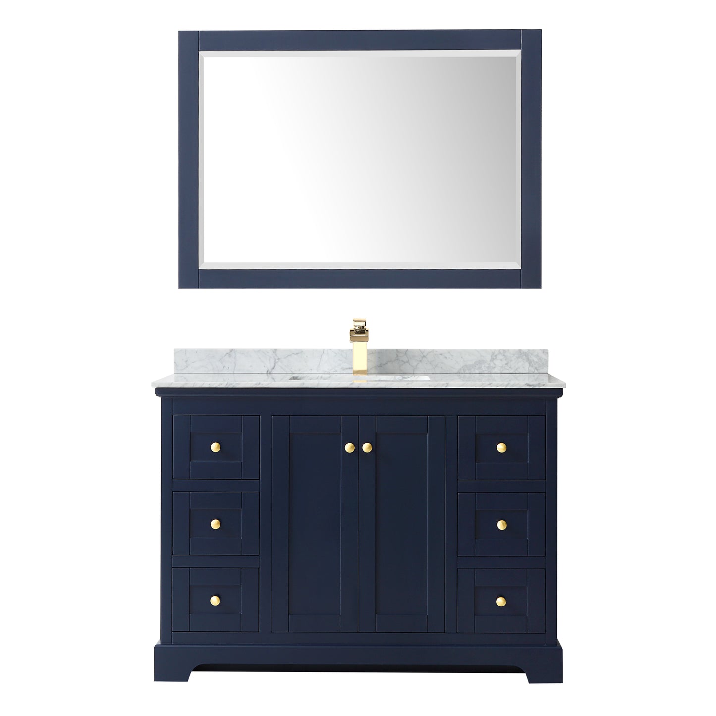 Avery 48 Inch Single Bathroom Vanity in Dark Blue, White Carrara Marble Countertop, Undermount Square Sink, and 46 Inch Mirror