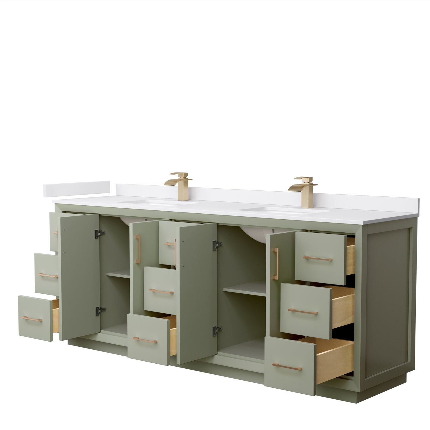 Strada 84 Inch Double Bathroom Vanity in Light Green, White Cultured Marble Countertop, Undermount Square Sinks, Satin Bronze Trim