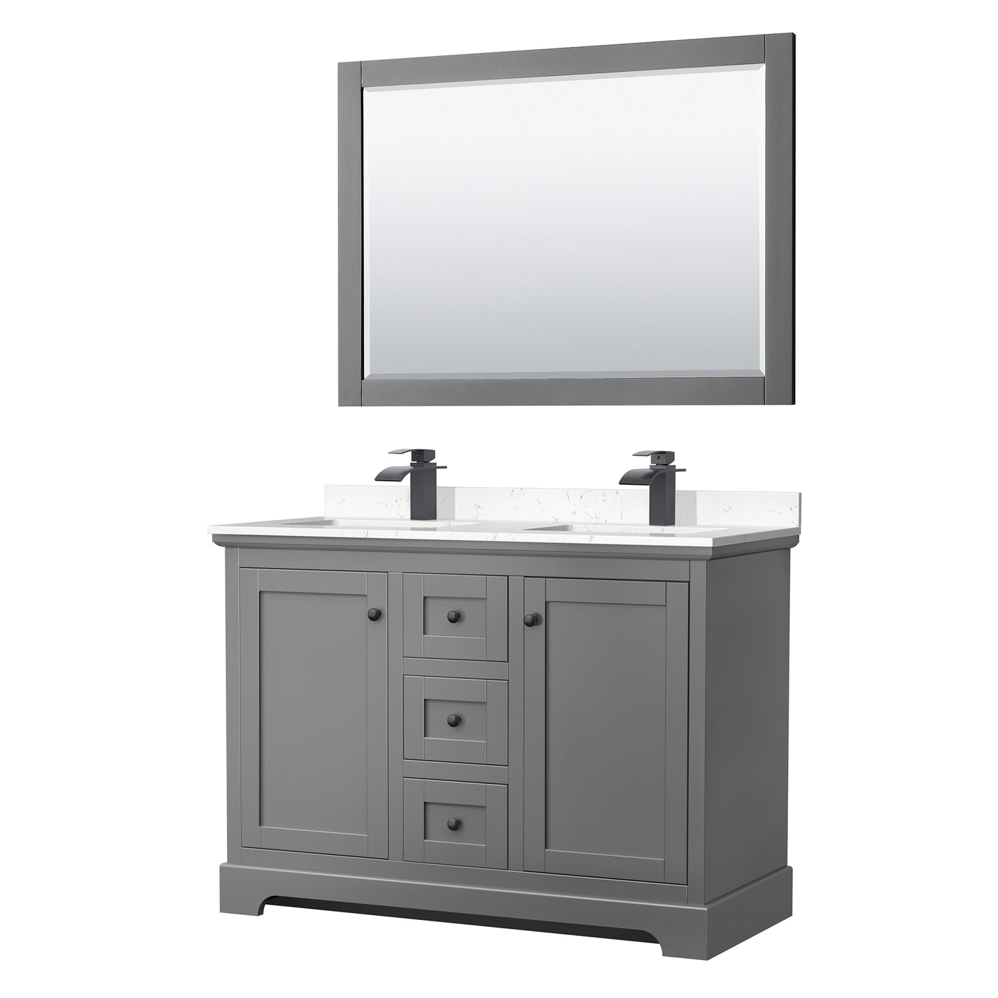 Avery 48 Inch Double Bathroom Vanity in Dark Gray, Carrara Cultured Marble Countertop, Undermount Square Sinks, Matte Black Trim, 46 Inch Mirror