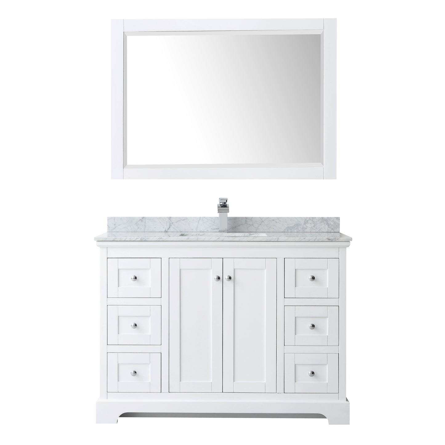 Avery 48 Inch Single Bathroom Vanity in White, White Carrara Marble Countertop, Undermount Square Sink, and 46 Inch Mirror
