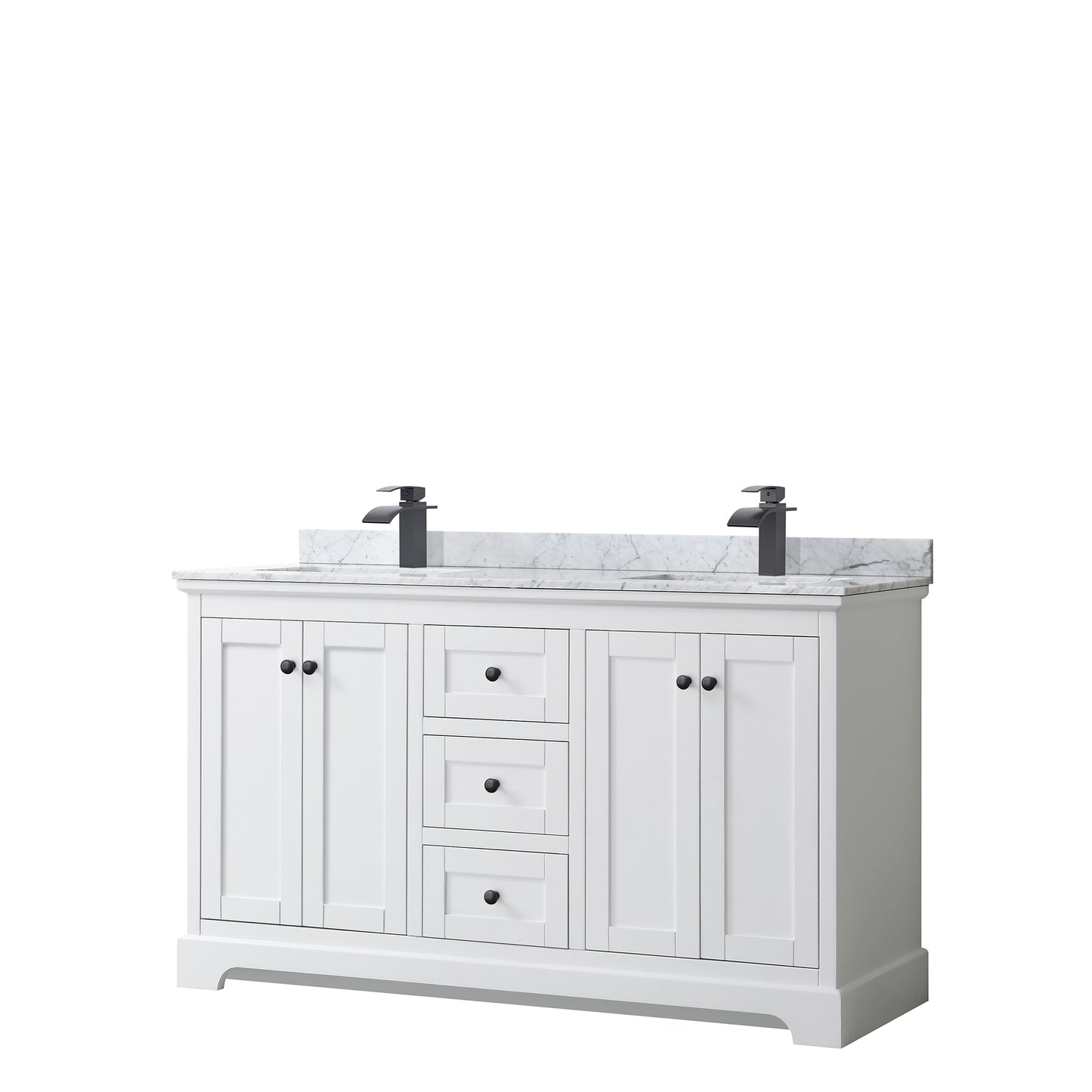 Avery 60 Inch Double Bathroom Vanity in White, White Carrara Marble Countertop, Undermount Square Sinks, Matte Black Trim