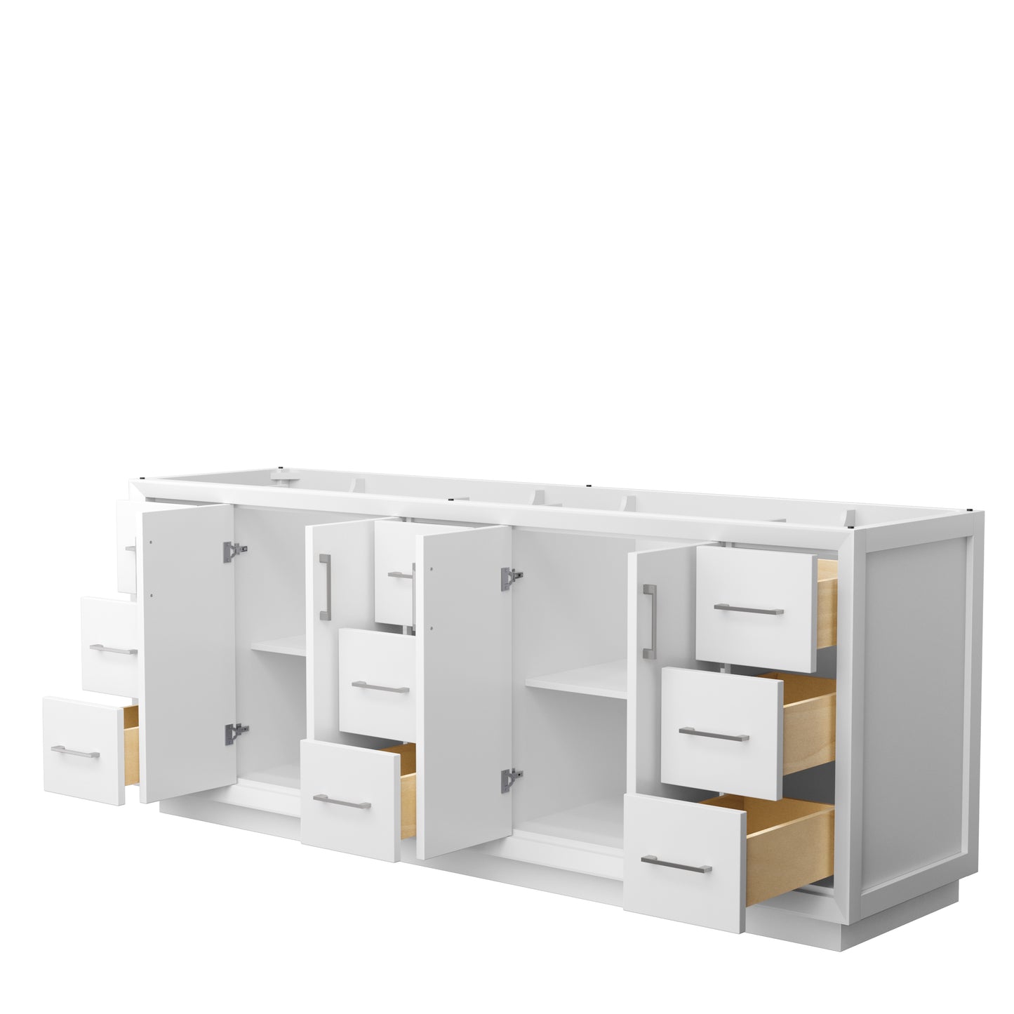 Strada 84 Inch Double Bathroom Vanity in White, No Countertop, No Sink, Brushed Nickel Trim