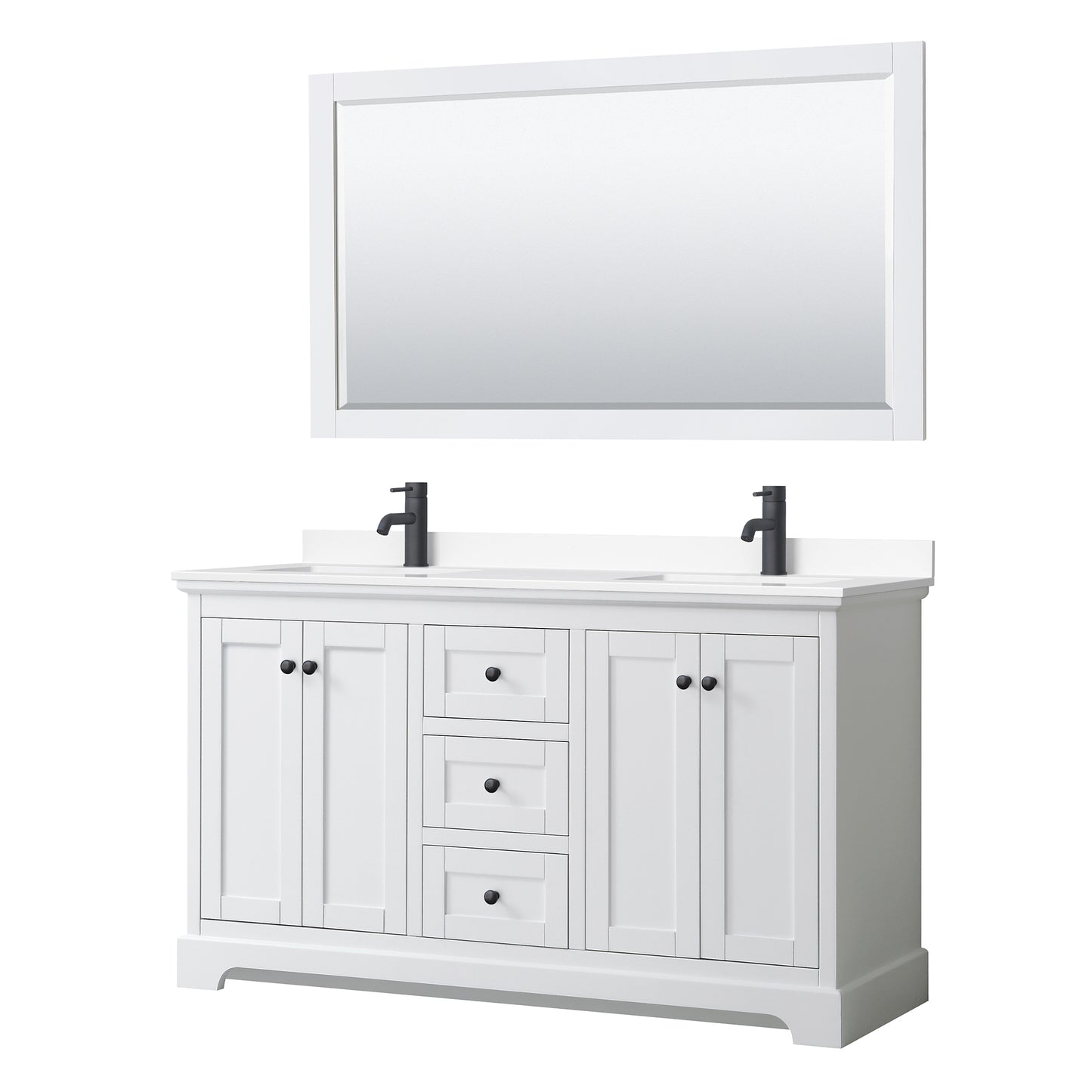 Avery 60 Inch Double Bathroom Vanity in White, White Cultured Marble Countertop, Undermount Square Sinks, Matte Black Trim, 58 Inch Mirror