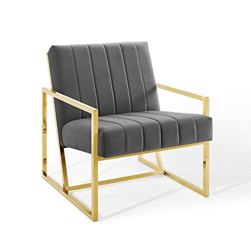 Modway Inspire Collection EEI-3914-CHA Accent Armchair with Dense Foam Padding Geometric Polished Gold Stainless Steel Base and Stain-Resistant Velvet Polyester Fabric Upholstery in Charcoal Color