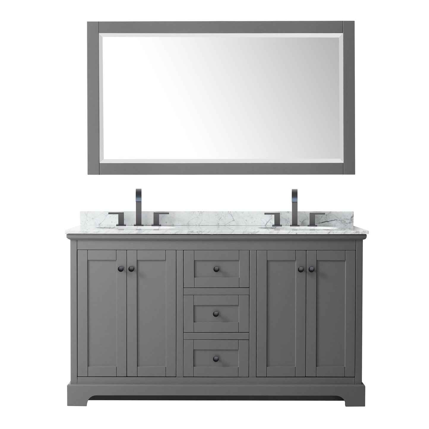 Avery 60 Inch Double Bathroom Vanity in Dark Gray, White Carrara Marble Countertop, Undermount Oval Sinks, Matte Black Trim, 58 Inch Mirror
