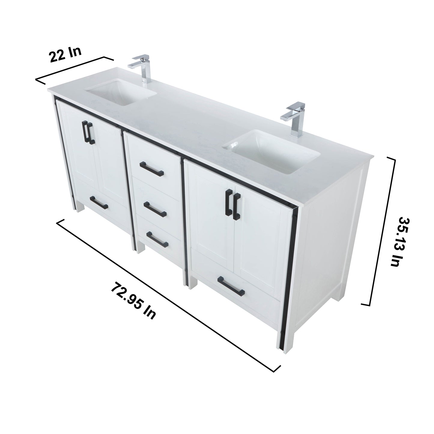 Ziva 72" White Double Vanity, Cultured Marble Top, White Square Sink and 30" Mirrors w/ Faucet