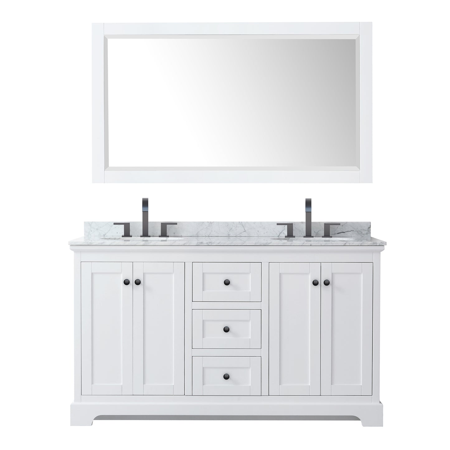Avery 60 Inch Double Bathroom Vanity in White, White Carrara Marble Countertop, Undermount Oval Sinks, Matte Black Trim, 58 Inch Mirror