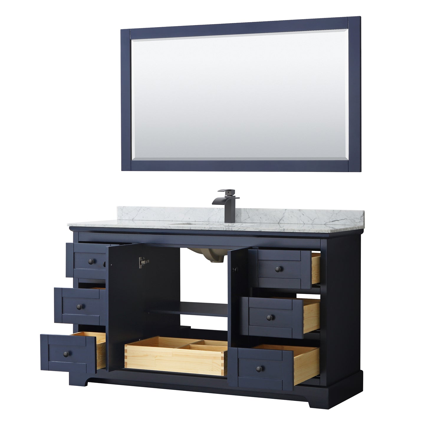 Avery 60 Inch Single Bathroom Vanity in Dark Blue, White Carrara Marble Countertop, Undermount Square Sink, Matte Black Trim, 58 Inch Mirror