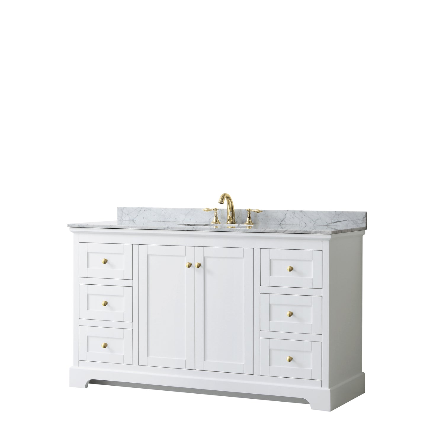 Avery 60 Inch Single Bathroom Vanity in White, White Carrara Marble Countertop, Undermount Oval Sink, Brushed Gold Trim