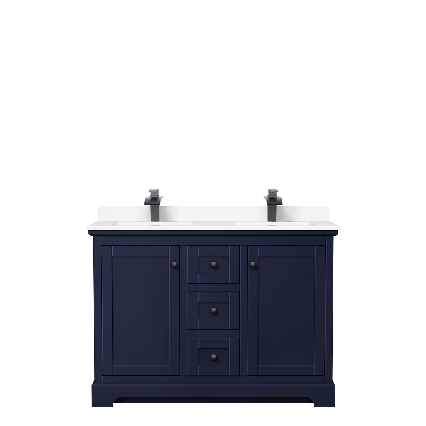 Avery 48 Inch Double Bathroom Vanity in Dark Blue, White Cultured Marble Countertop, Undermount Square Sinks, Matte Black Trim