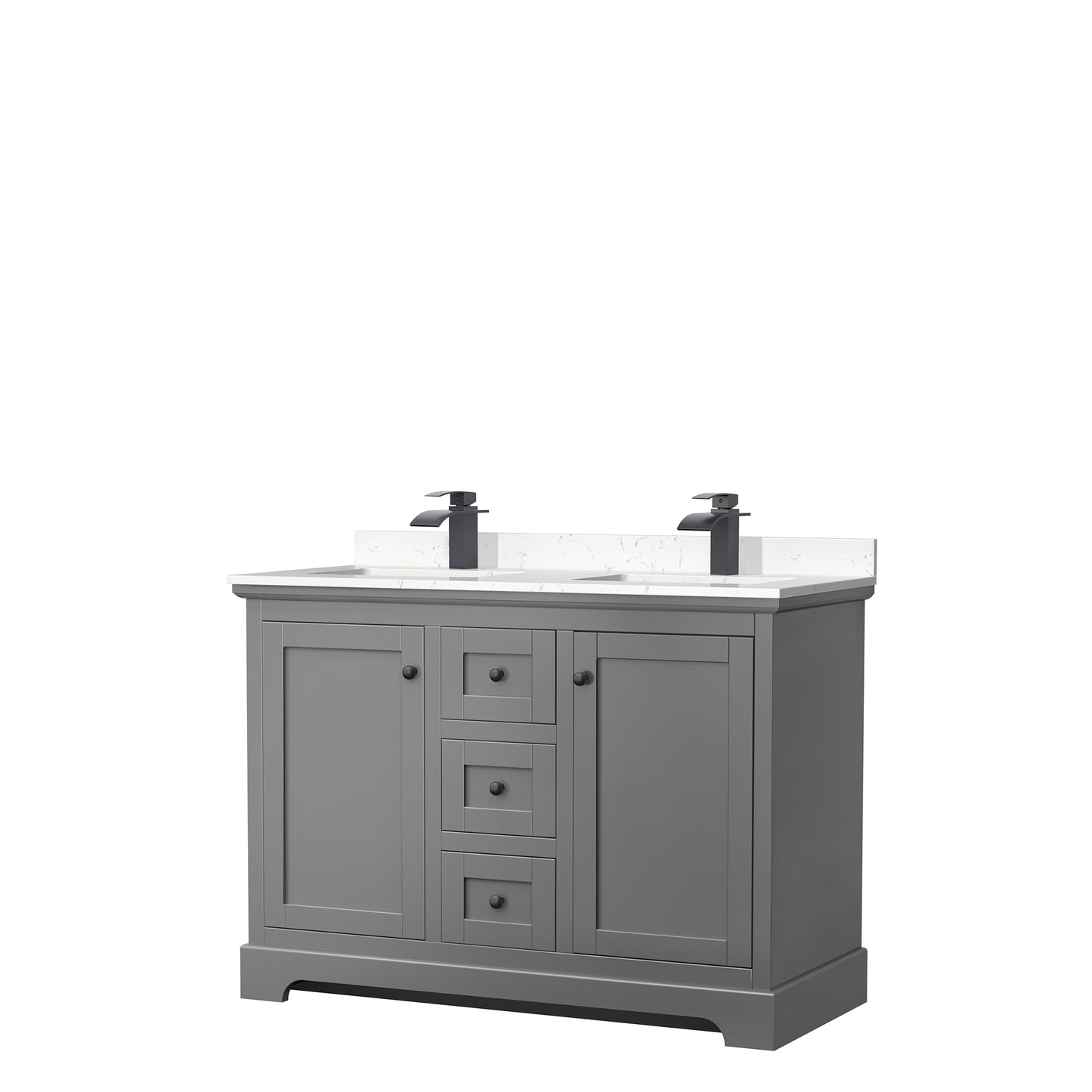 Avery 48 Inch Double Bathroom Vanity in Dark Gray, Carrara Cultured Marble Countertop, Undermount Square Sinks, Matte Black Trim