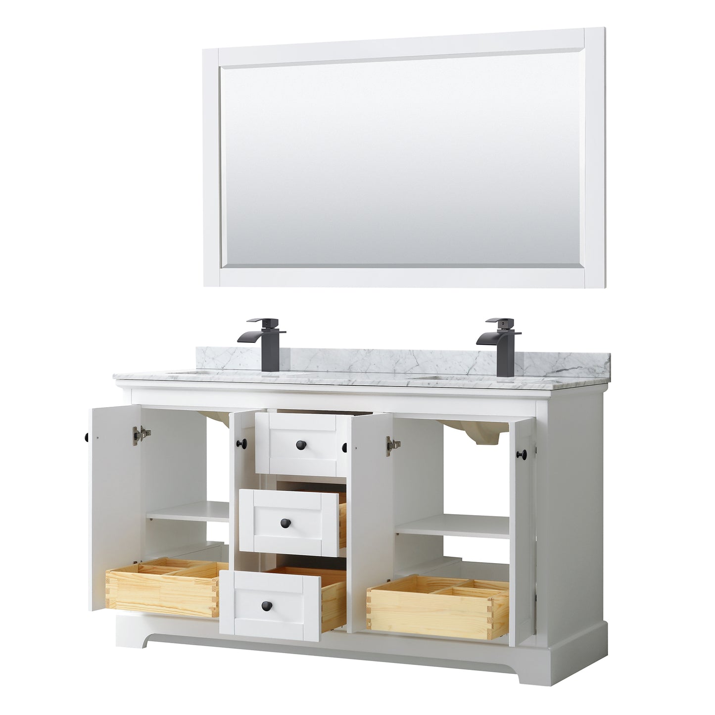 Avery 60 Inch Double Bathroom Vanity in White, White Carrara Marble Countertop, Undermount Square Sinks, Matte Black Trim, 58 Inch Mirror