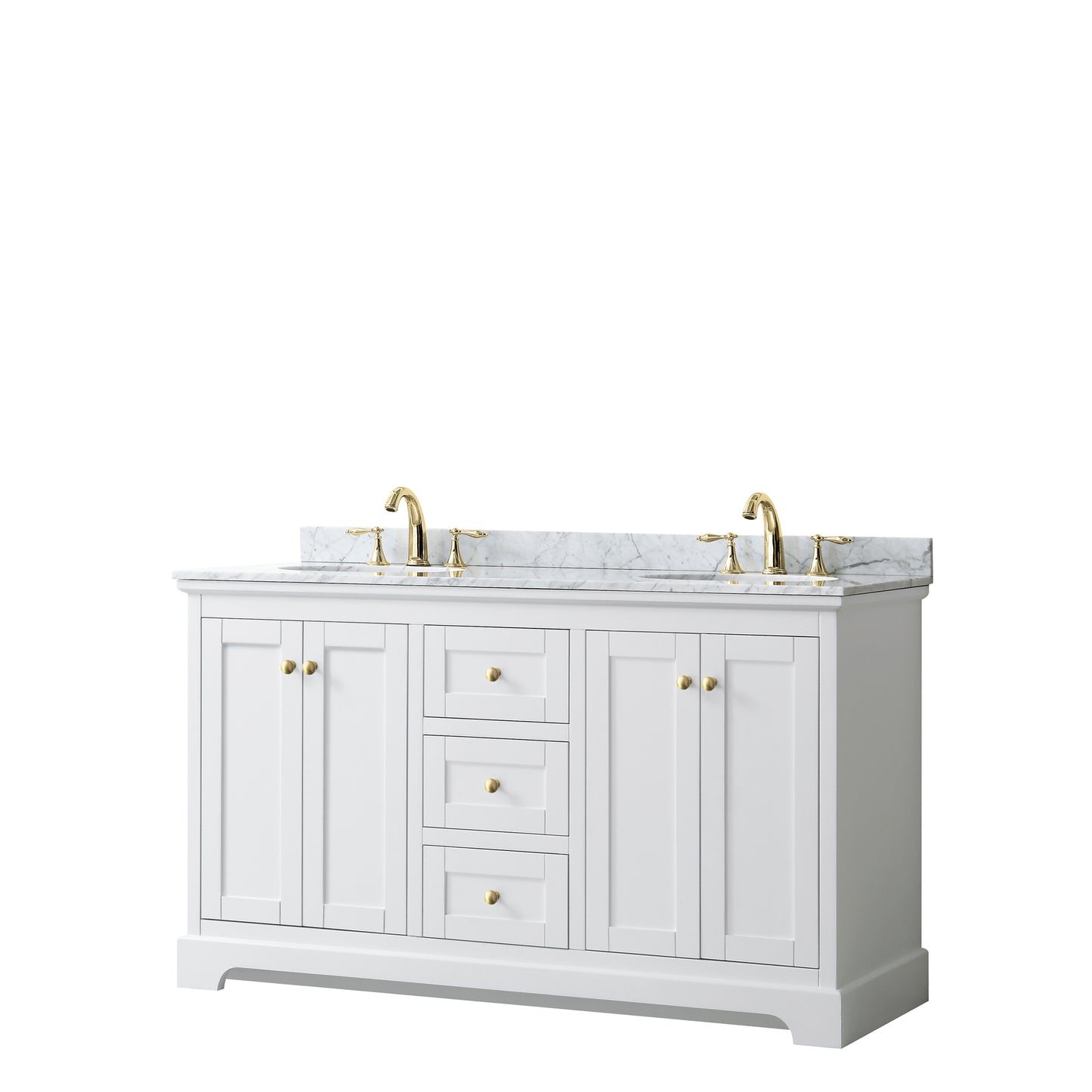 Avery 60 Inch Double Bathroom Vanity in White, White Carrara Marble Countertop, Undermount Oval Sinks, Brushed Gold Trim