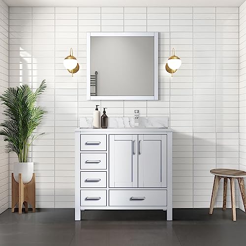 Lexora Jacques 36 in. W x 22 in. D Right Offset White Bath Vanity, Carrara Marble Top and Faucet Set