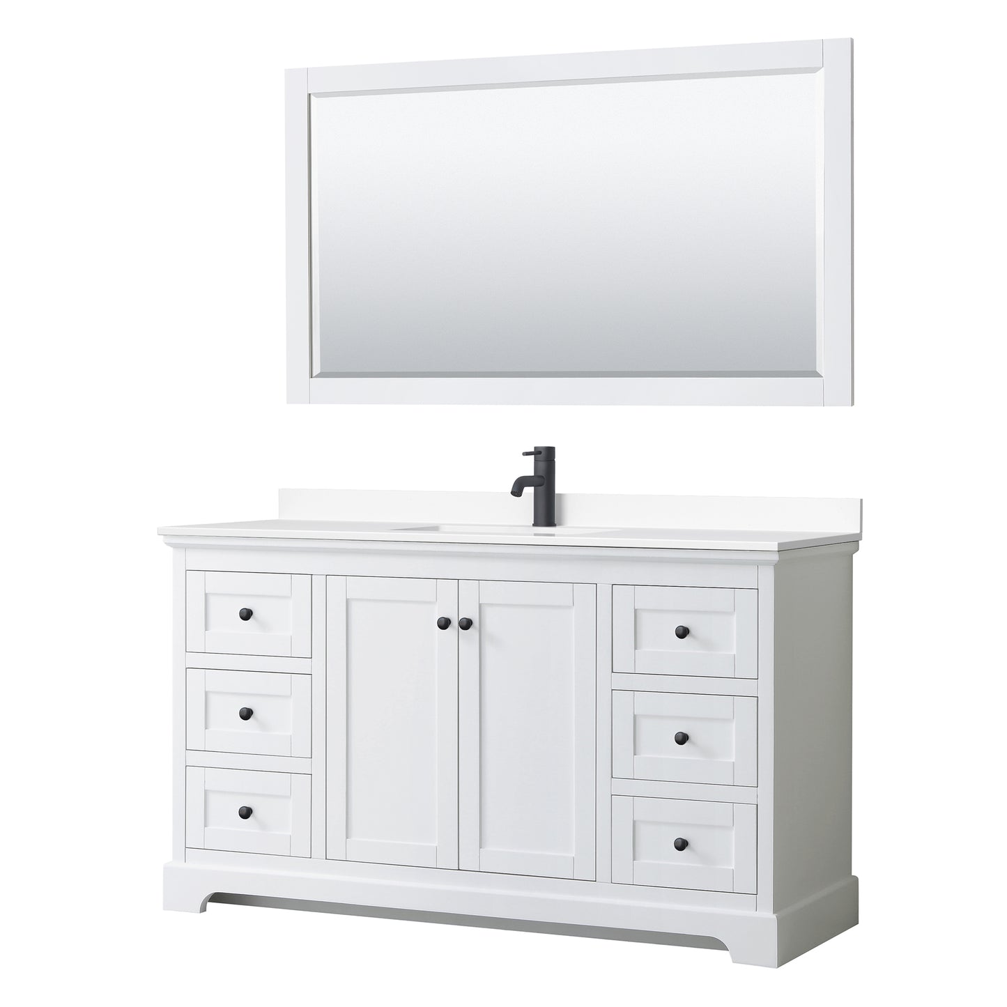 Avery 60 Inch Single Bathroom Vanity in White, White Cultured Marble Countertop, Undermount Square Sink, Matte Black Trim, 58 Inch Mirror