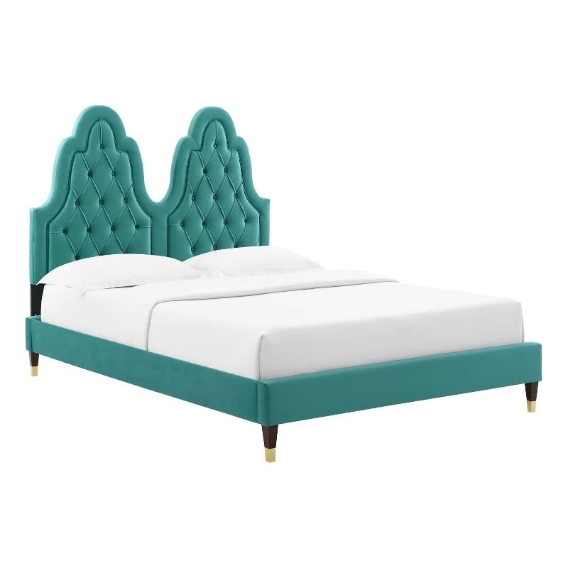 Modway Alexandria Tufted Performance Velvet Platform Bed with Wood and Gold Legs, Twin, Teal