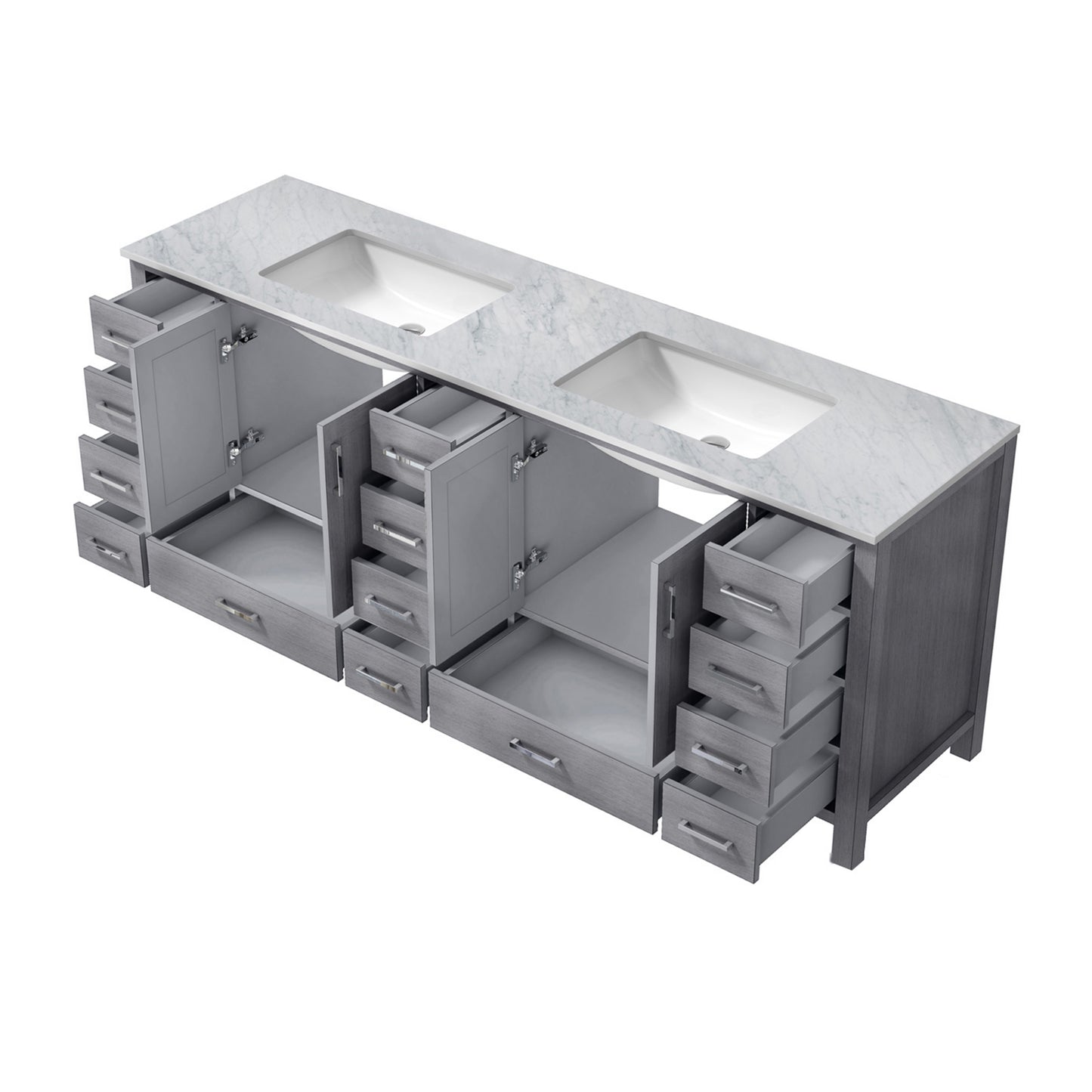 Jacques 84" Distressed Grey Double Vanity, White Carrara Marble Top, White Square Sinks and no Mirror