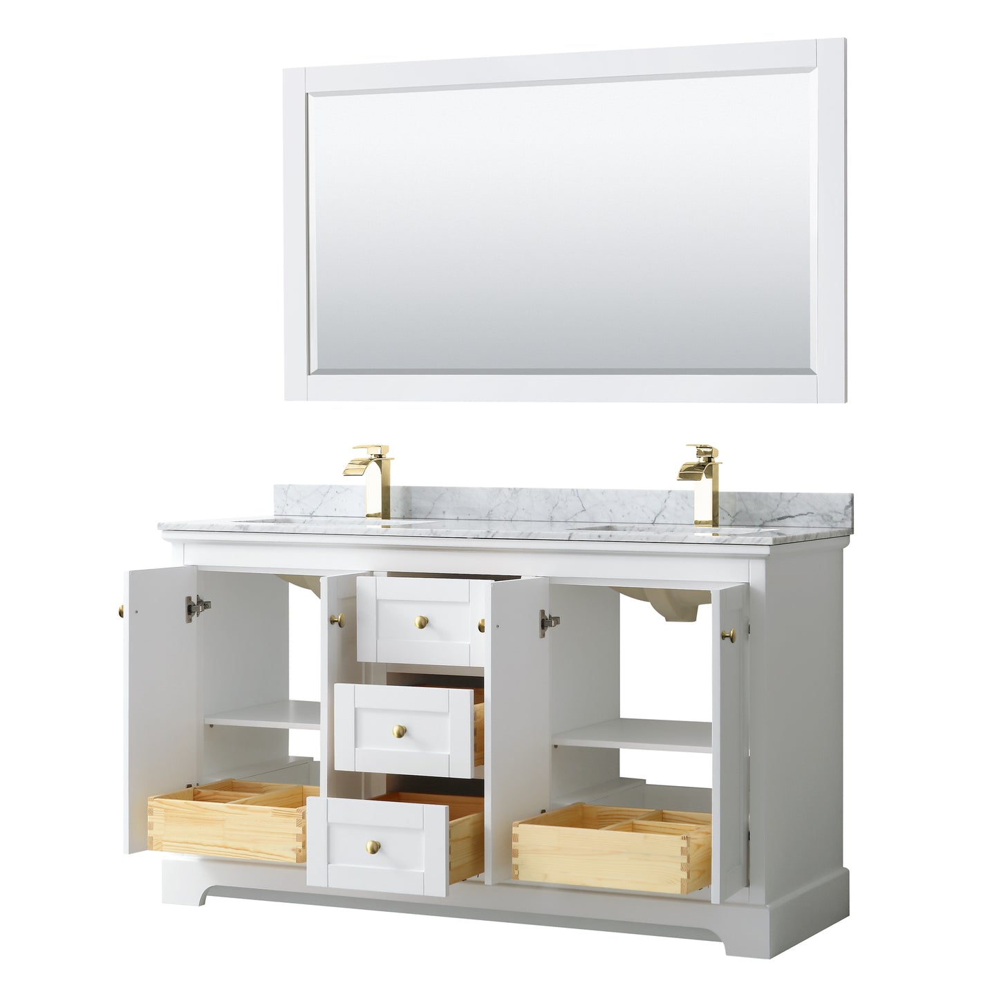 Avery 60 Inch Double Bathroom Vanity in White, White Carrara Marble Countertop, Undermount Square Sinks, 58 Inch Mirror, Brushed Gold Trim