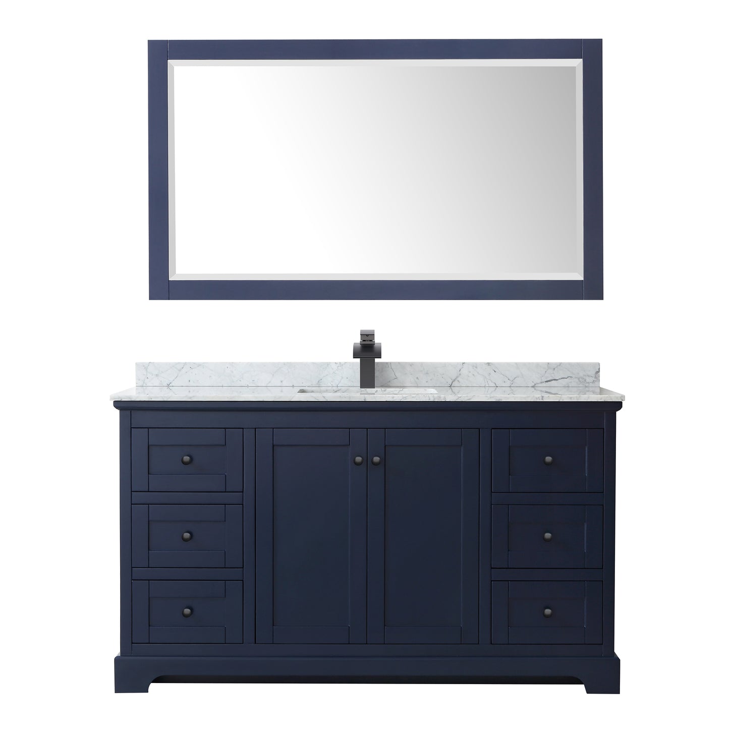 Avery 60 Inch Single Bathroom Vanity in Dark Blue, White Carrara Marble Countertop, Undermount Square Sink, Matte Black Trim, 58 Inch Mirror