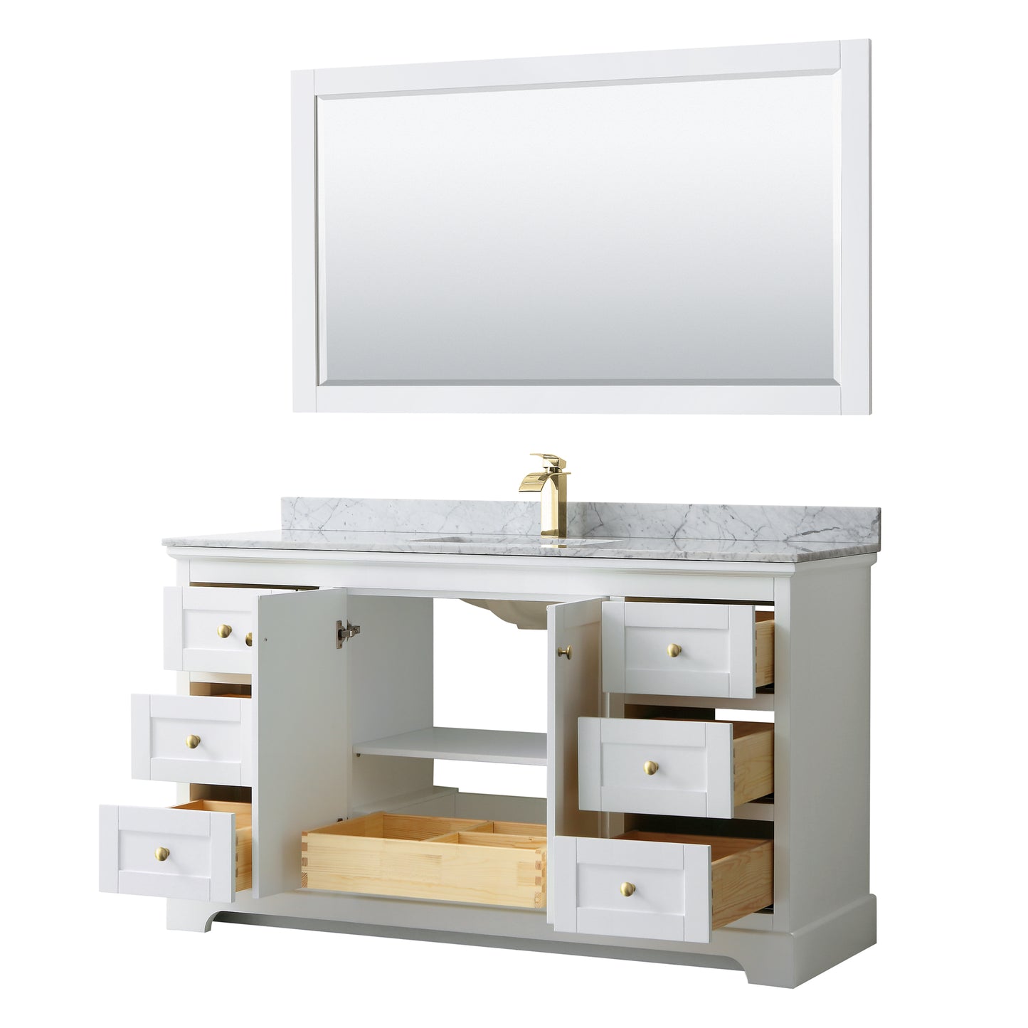 Avery 60 Inch Single Bathroom Vanity in White, White Carrara Marble Countertop, Undermount Square Sink, 58 Inch Mirror, Brushed Gold Trim