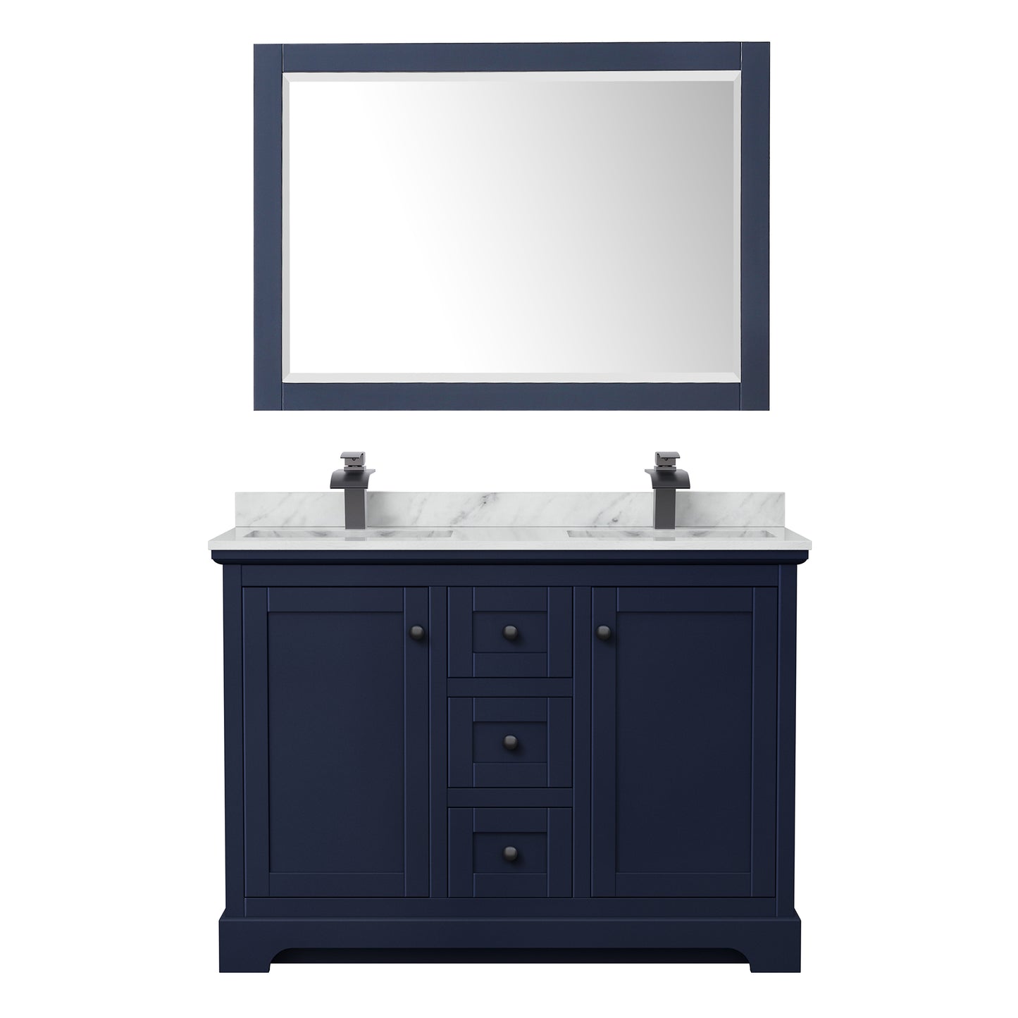Avery 48 Inch Double Bathroom Vanity in Dark Blue, White Carrara Marble Countertop, Undermount Square Sinks, Matte Black Trim, 46 Inch Mirror