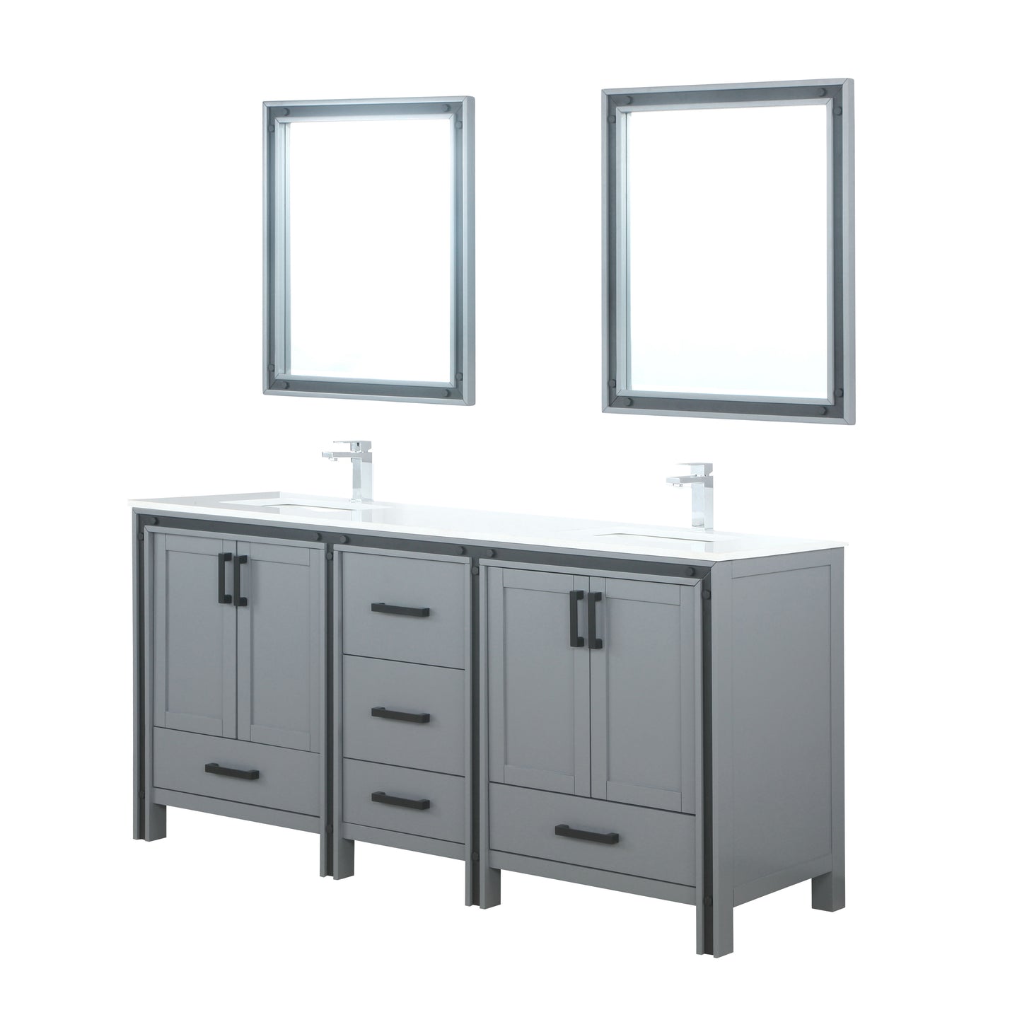 Ziva 72" Dark Grey Double Vanity, Cultured Marble Top, White Square Sink and 30" Mirrors w/ Faucet