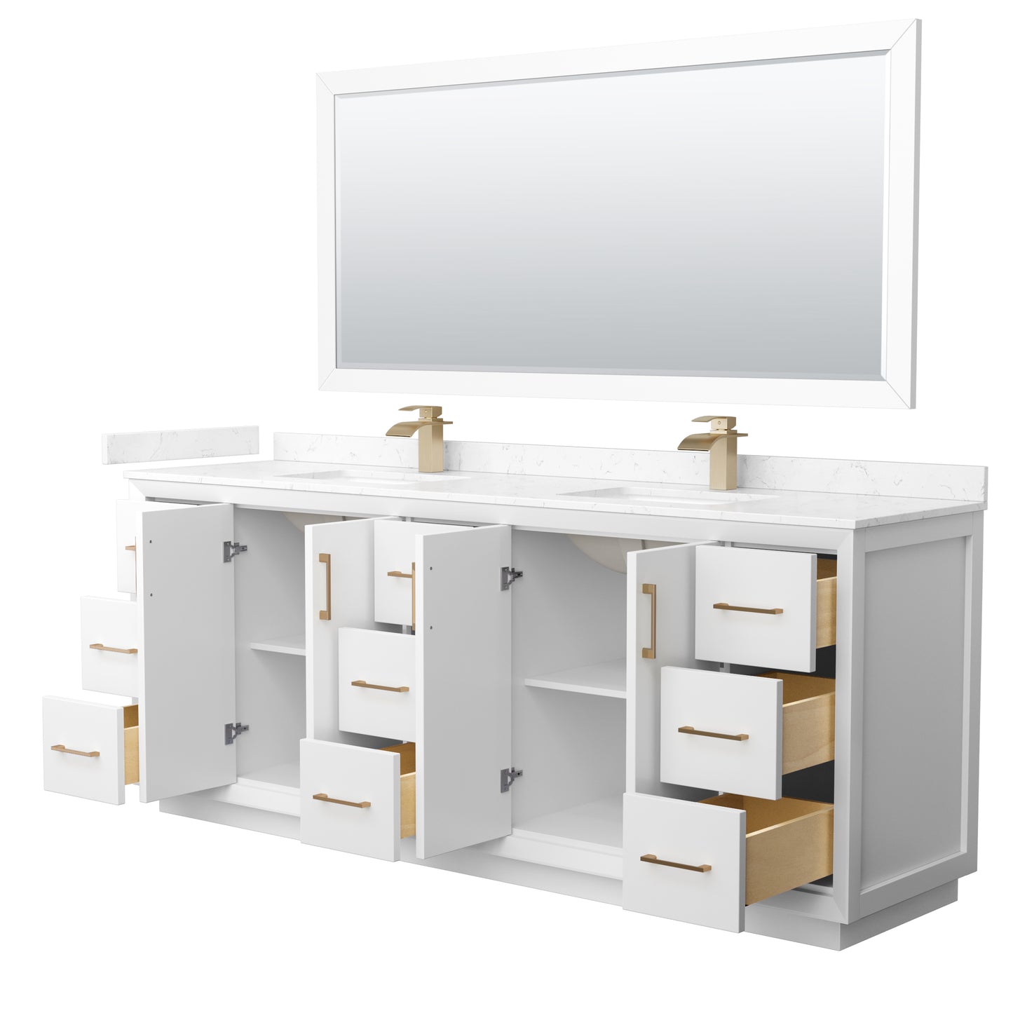 Strada 84 Inch Double Bathroom Vanity in White, Carrara Cultured Marble Countertop, Undermount Square Sink, Satin Bronze Trim, 70 Inch Mirror