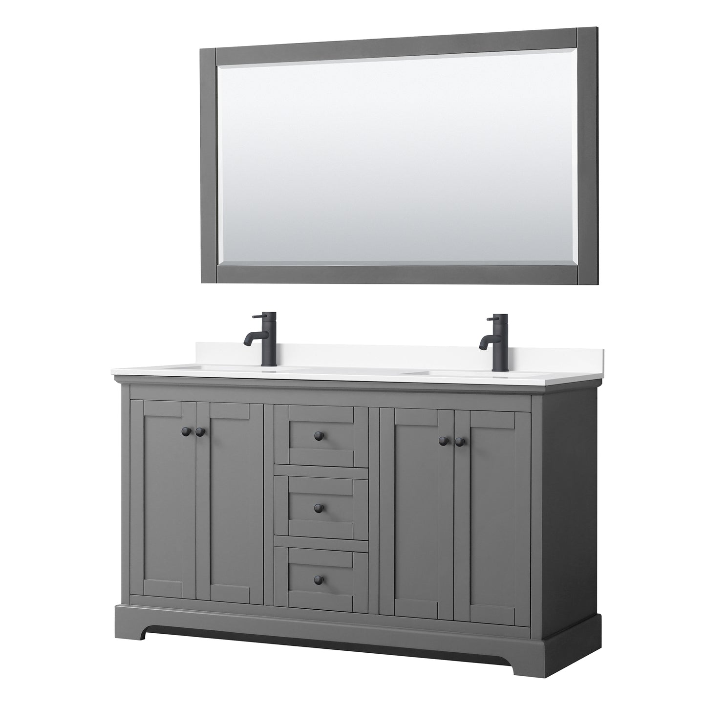 Avery 60 Inch Double Bathroom Vanity in Dark Gray, White Cultured Marble Countertop, Undermount Square Sinks, Matte Black Trim, 58 Inch Mirror