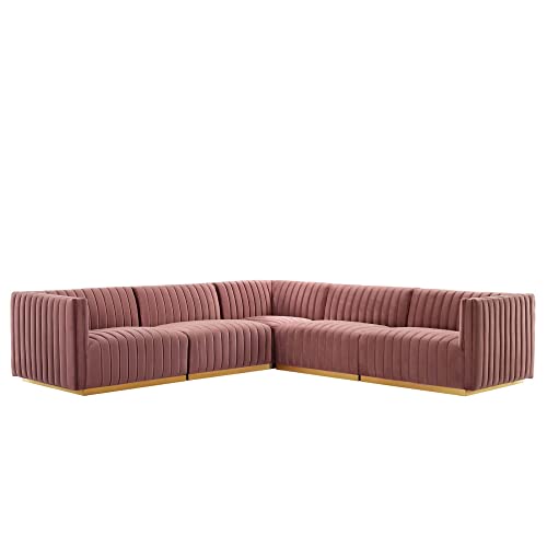 Modway Conjure 5-Piece Velvet and Stainless Steel Sectional in Gold/Dusty Rose