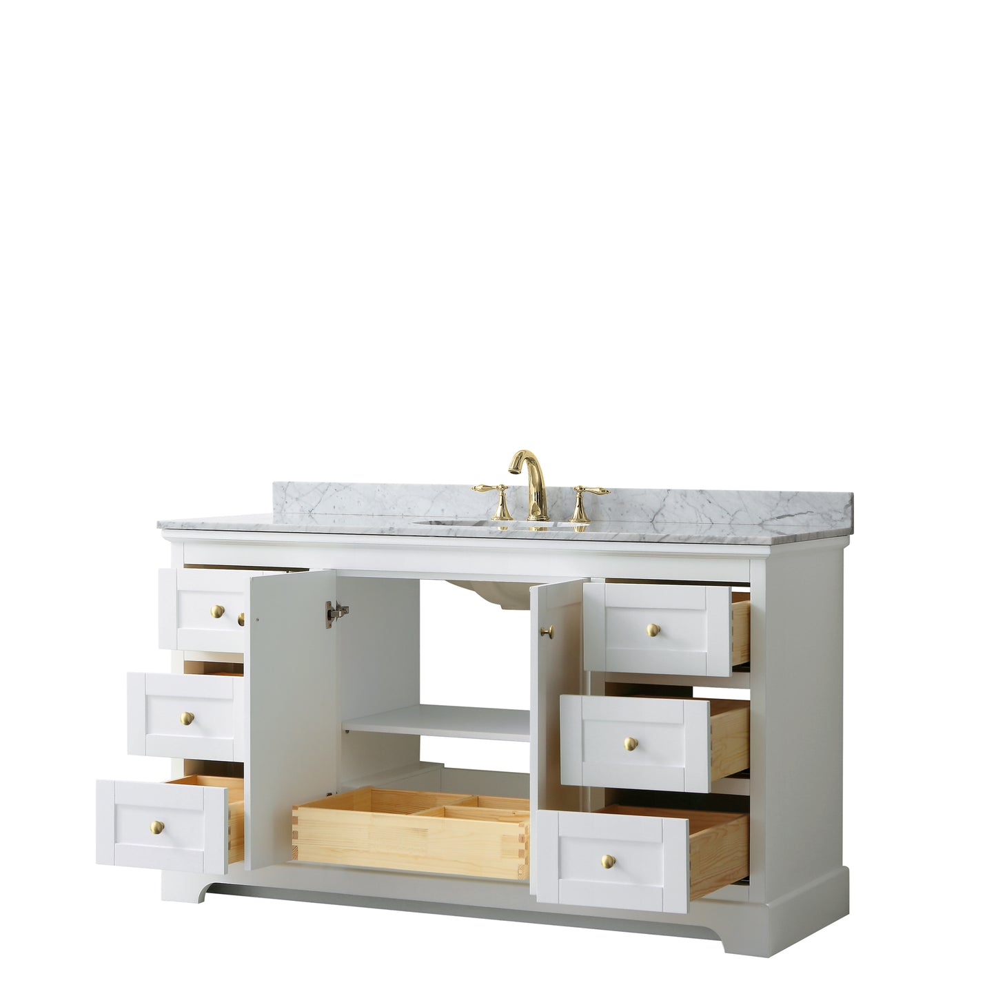 Avery 60 Inch Single Bathroom Vanity in White, White Carrara Marble Countertop, Undermount Oval Sink, Brushed Gold Trim