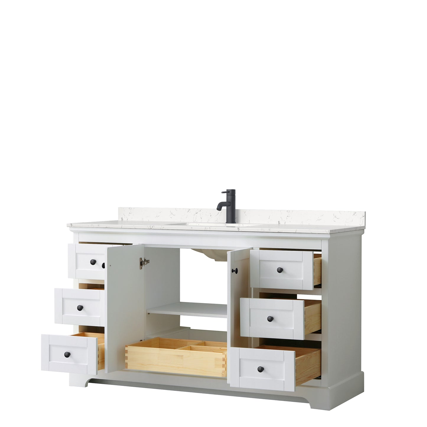 Avery 60 Inch Single Bathroom Vanity in White, Carrara Cultured Marble Countertop, Undermount Square Sink, Matte Black Trim