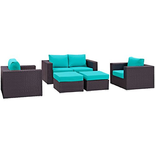 Modway Convene Wicker Rattan 5-Piece Outdoor Patio Furniture Set with Cushions in Espresso Turquoise