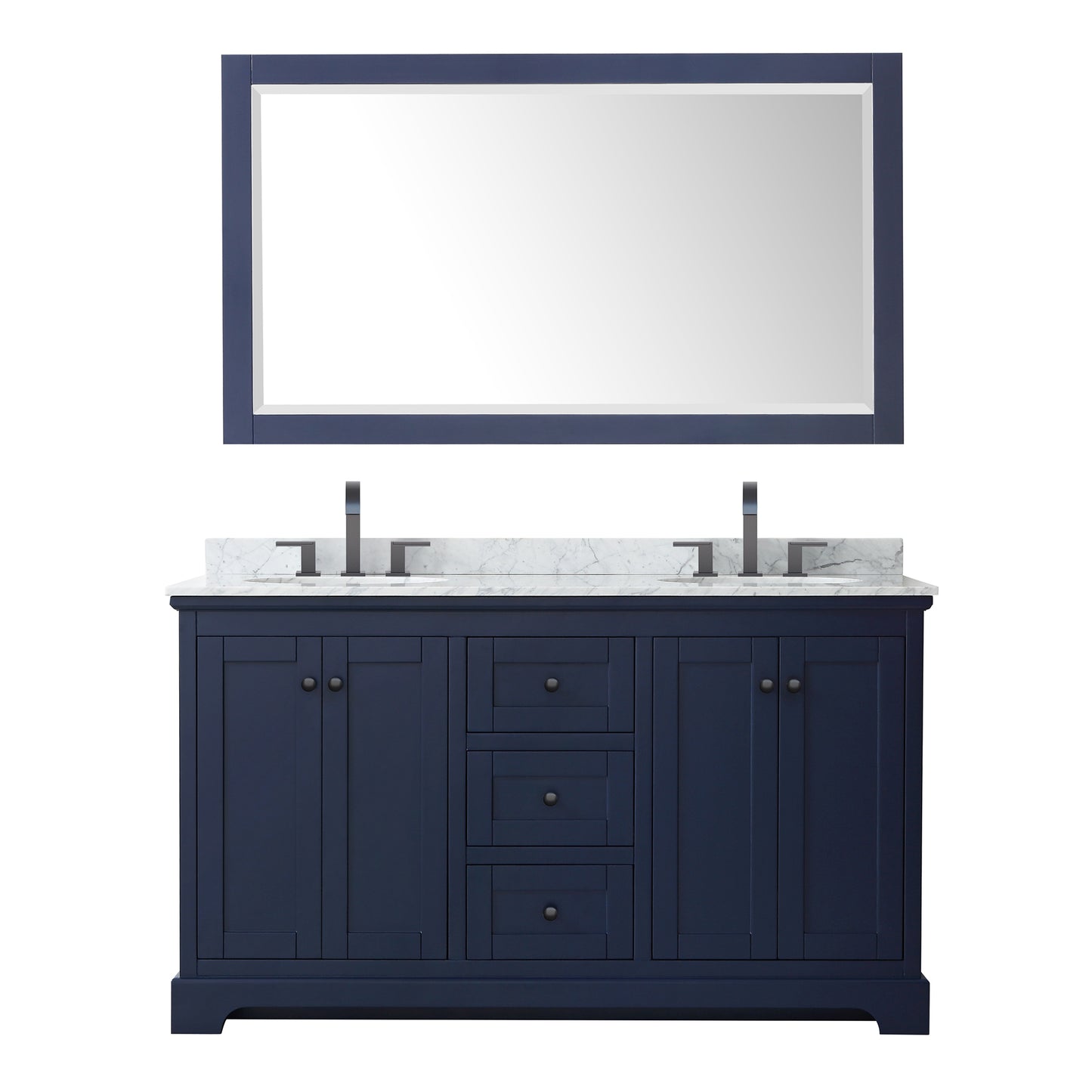 Avery 60 Inch Double Bathroom Vanity in Dark Blue, White Carrara Marble Countertop, Undermount Oval Sinks, Matte Black Trim, 58 Inch Mirror