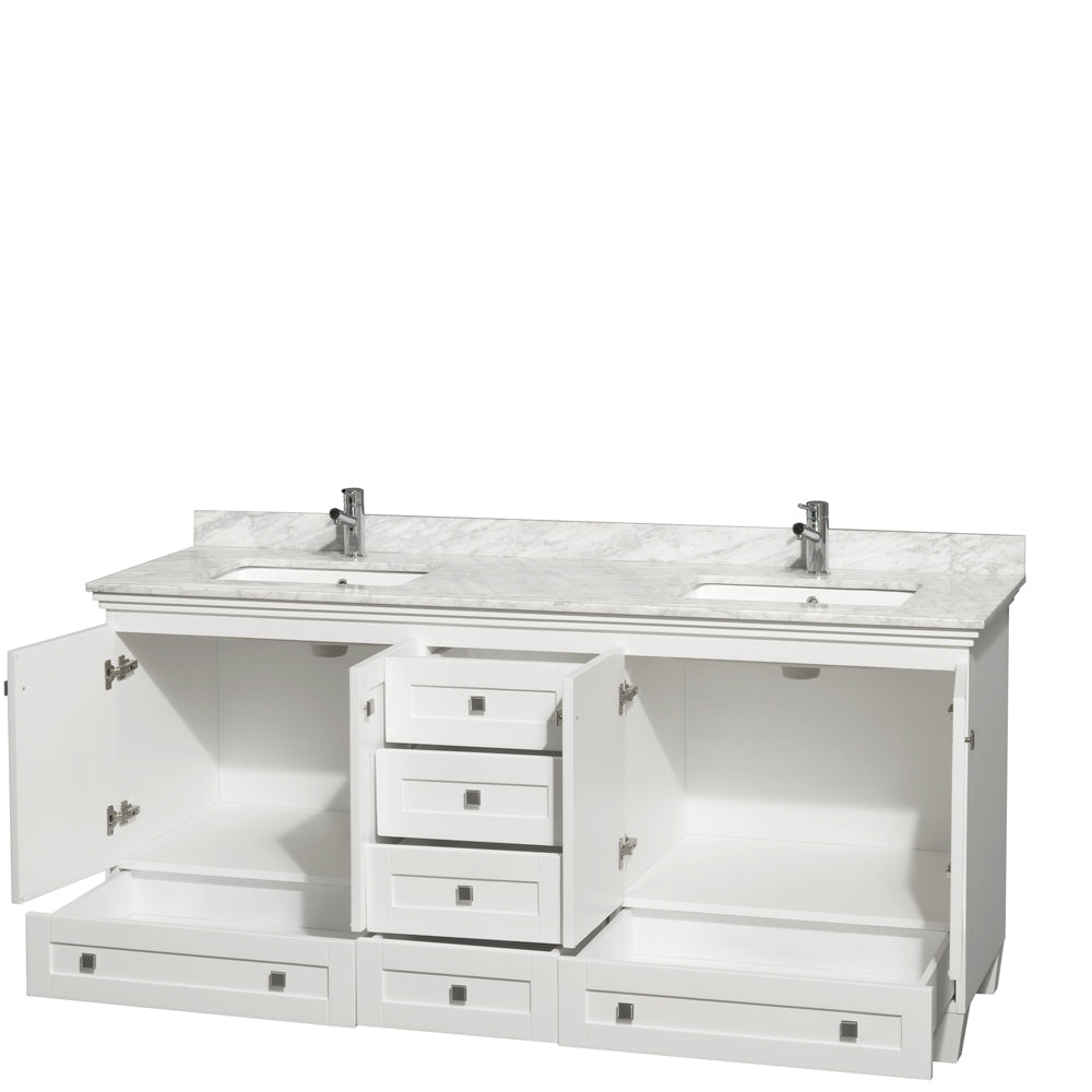 Acclaim 72 Inch Double Bathroom Vanity in White, White Carrara Marble Countertop, Undermount Square Sinks, and No Mirrors