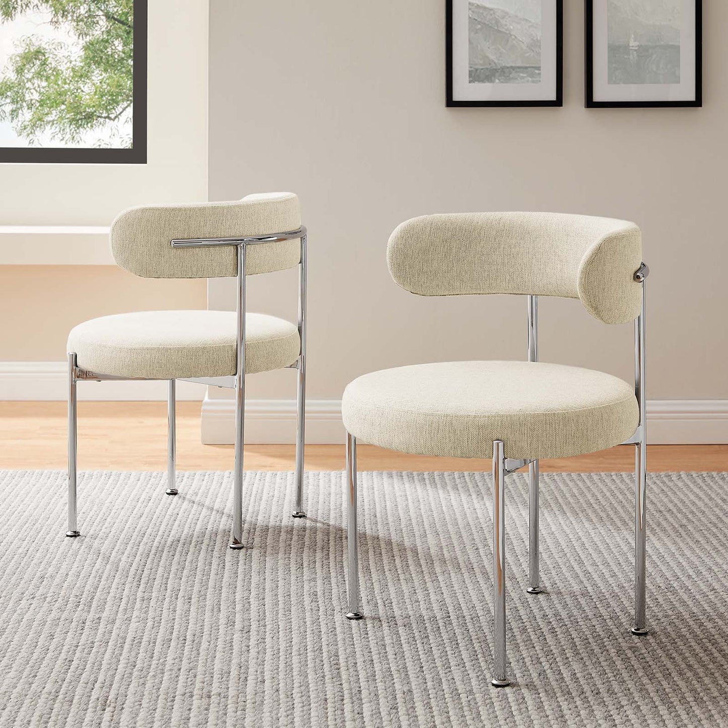 Modway Albie Fabric Dining Chairs - Set of 2 in Beige Silver