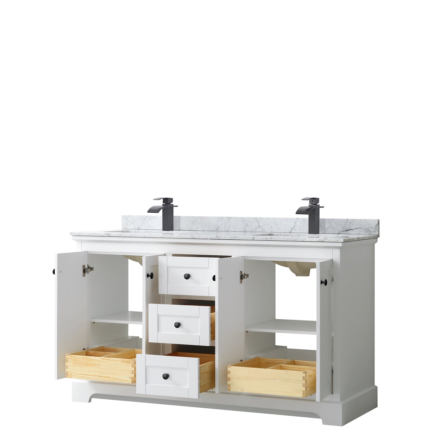 Avery 60 Inch Double Bathroom Vanity in White, White Carrara Marble Countertop, Undermount Square Sinks, Matte Black Trim