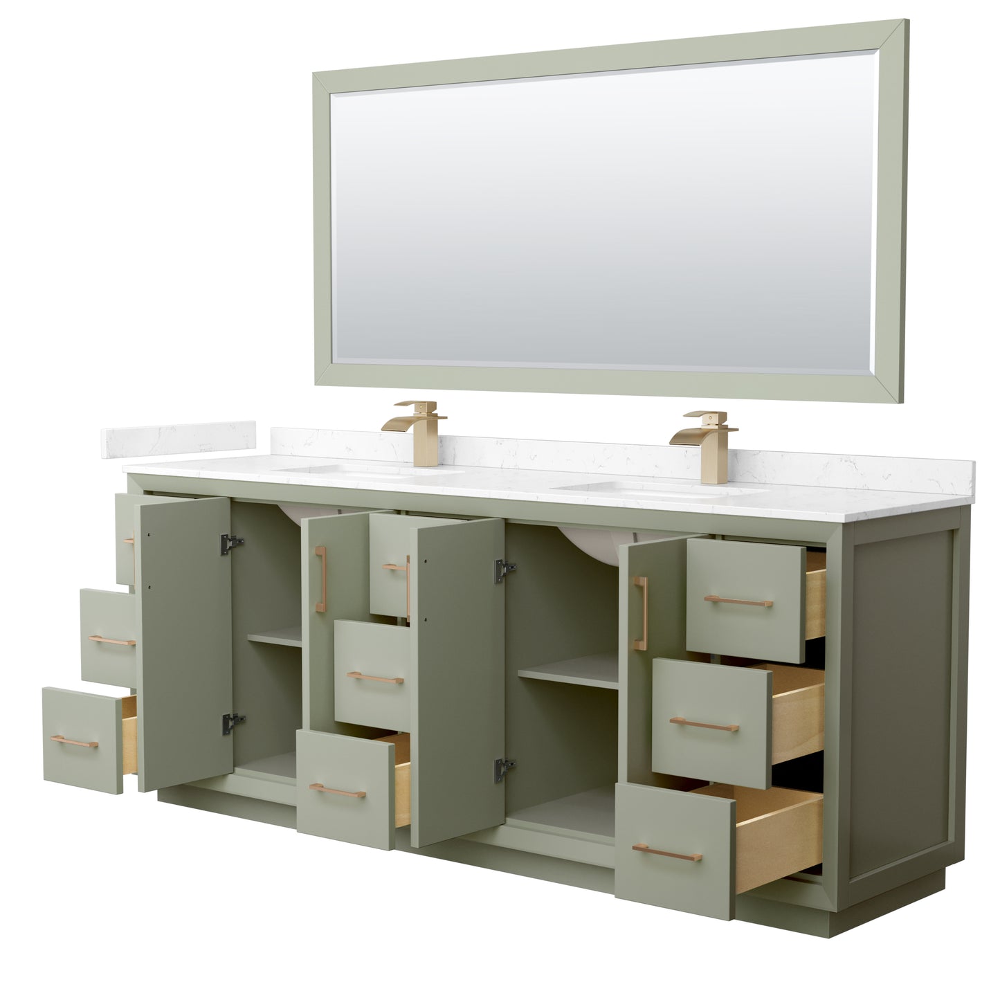 Strada 84 Inch Double Bathroom Vanity in Light Green, Carrara Cultured Marble Countertop, Undermount Square Sinks, Satin Bronze Trim, 70 Inch Mirror