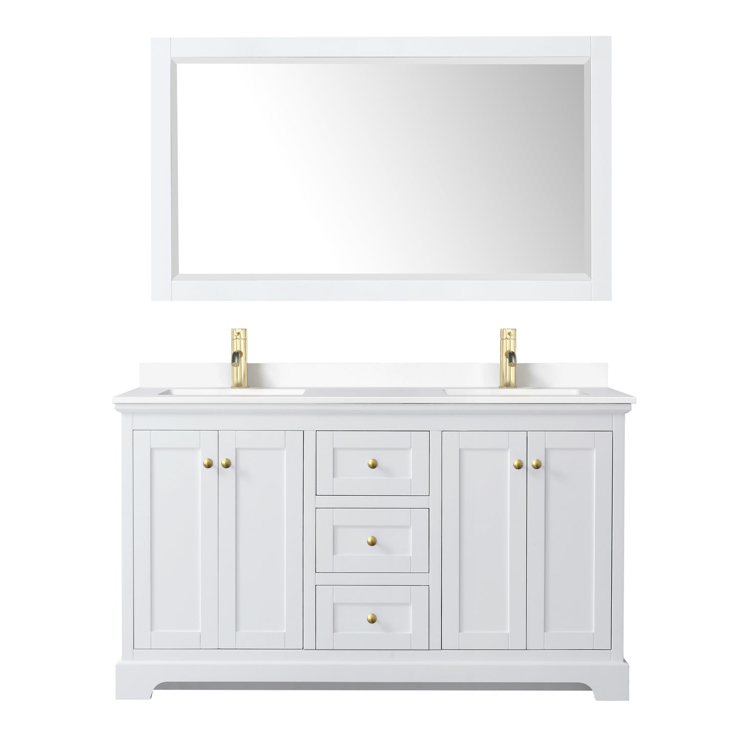 Avery 60 Inch Double Bathroom Vanity in White, White Cultured Marble Countertop, Undermount Square Sinks, 58 Inch Mirror, Brushed Gold Trim