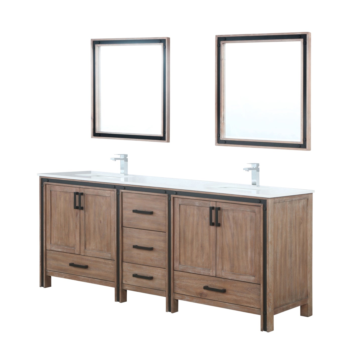 Ziva 80" Rustic Barnwood Double Vanity, Cultured Marble Top, White Square Sink and 30" Mirrors w/ Faucet