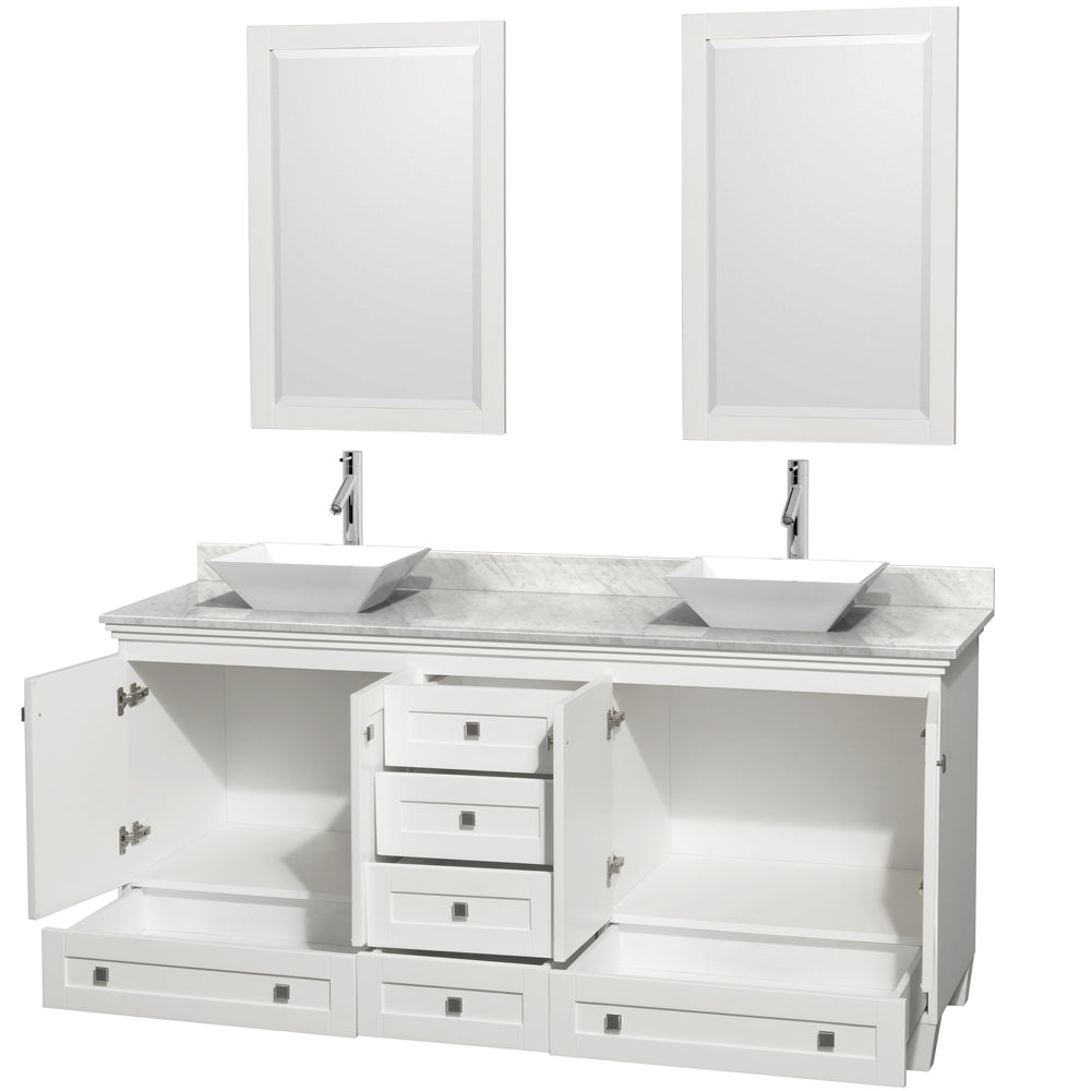 Acclaim 72 Inch Double Bathroom Vanity in White, White Carrara Marble Countertop, Pyra White Sinks, and 24 Inch Mirrors