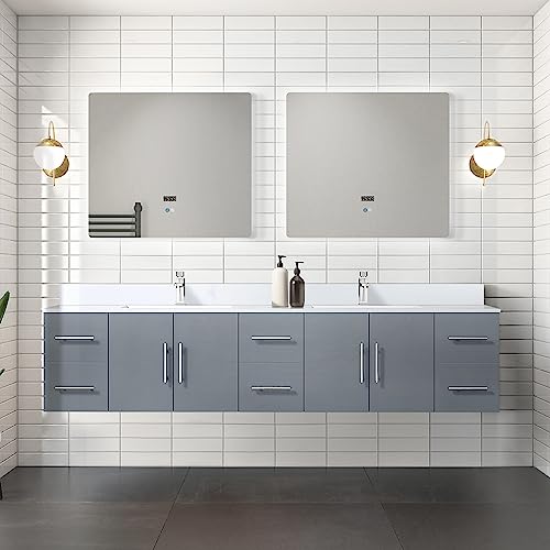 Lexora Geneva Bath Vanity, White Quartz Top, Faucet Set, and 30 in. LED Mirror