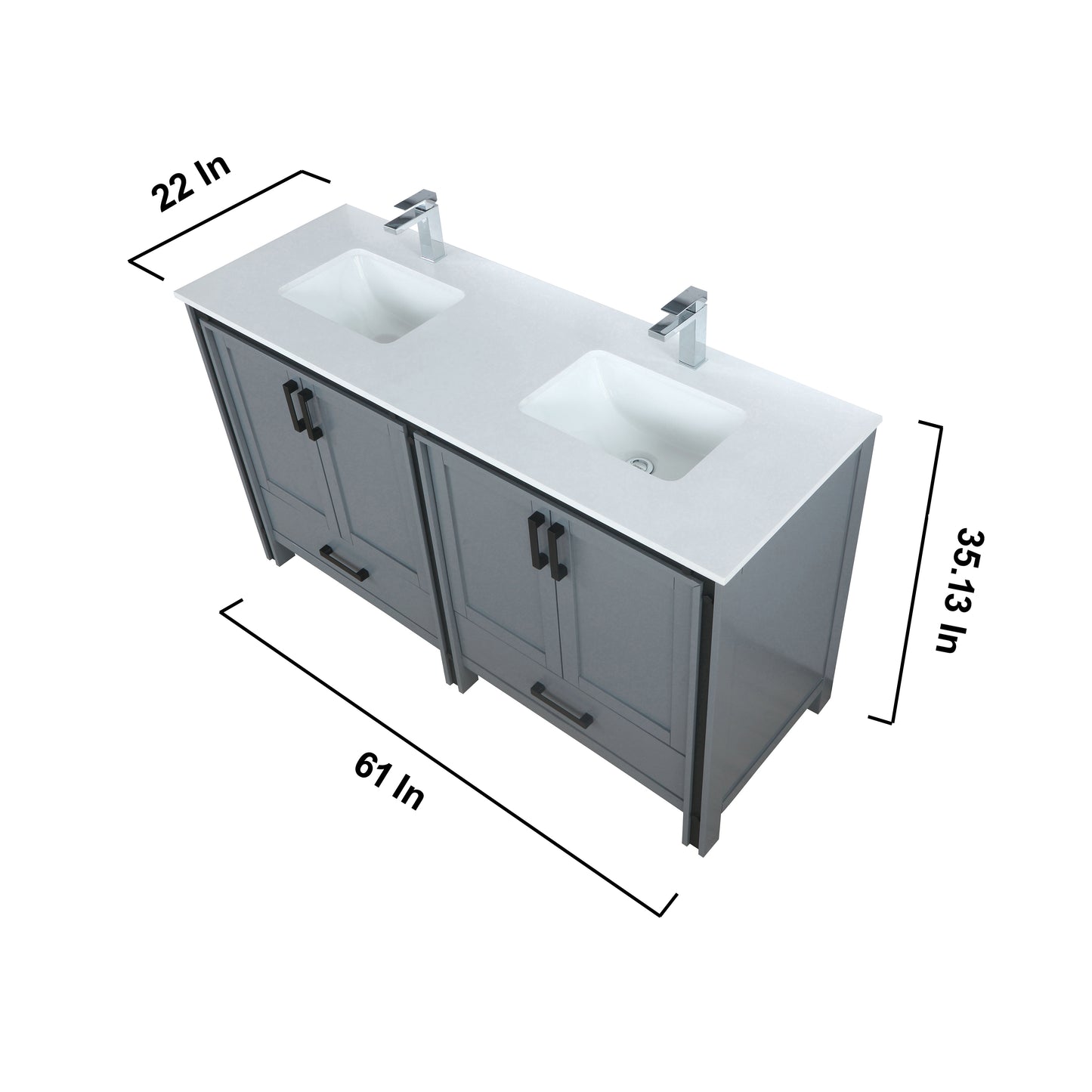 Ziva 60" Dark Grey Double Vanity, Cultured Marble Top, White Square Sink and 22" Mirrors w/ Faucet