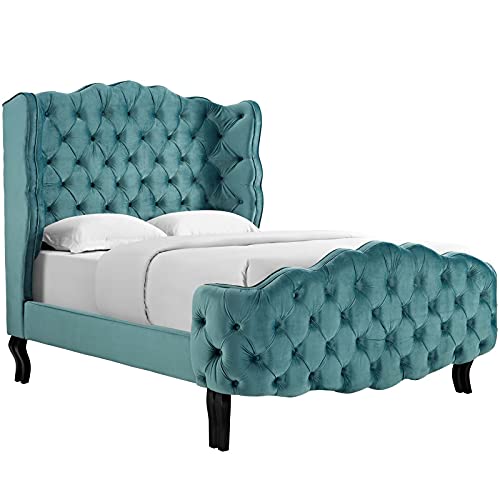 Modway Violette Performance Velvet Tufted Wingback Queen Platform Bed in Sea Blue