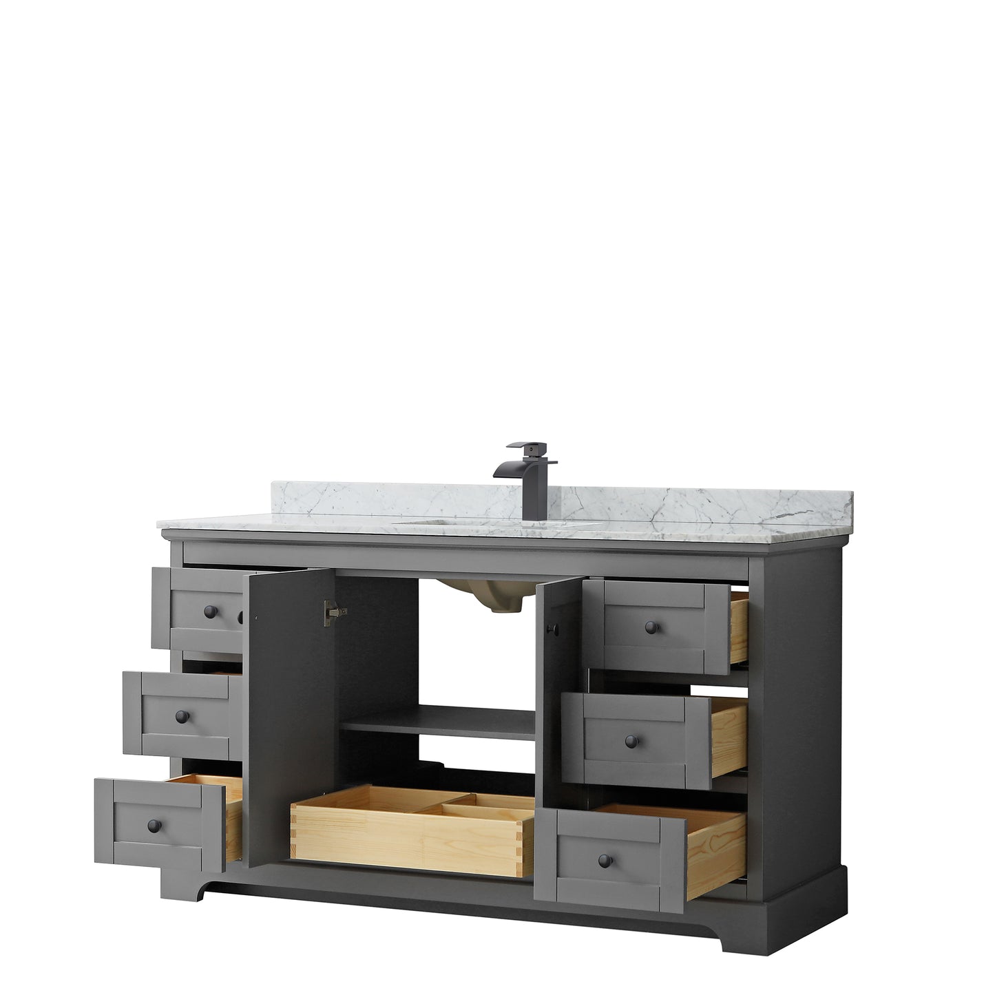 Avery 60 Inch Single Bathroom Vanity in Dark Gray, White Carrara Marble Countertop, Undermount Square Sink, Matte Black Trim