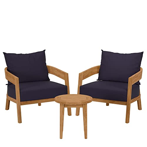 Modway Brisbane 3-Piece Teak Wood Outdoor Patio Set in Natural/Navy