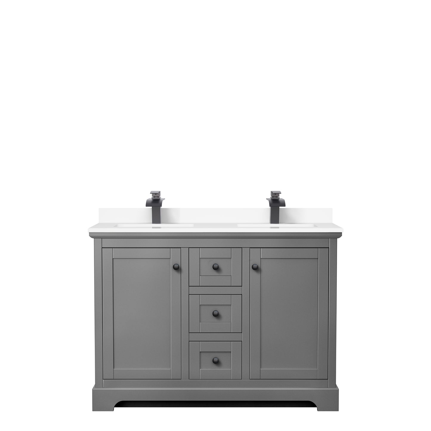 Avery 48 Inch Double Bathroom Vanity in Dark Gray, White Cultured Marble Countertop, Undermount Square Sinks, Matte Black Trim